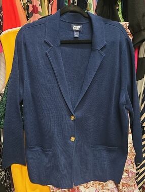 Lands' End Navy Knit Blazer Cardigan with Gold Buttons